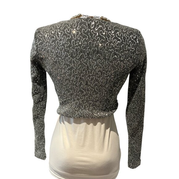 ZARA Silver Sequins Crop Top Size Small Twist Knot Plunge Front Long Sleeves - Picture 7 of 11